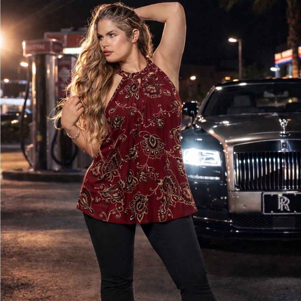 INC International Concepts Red Paisley Halter Tank Top Blouse L Beaded Keyhole